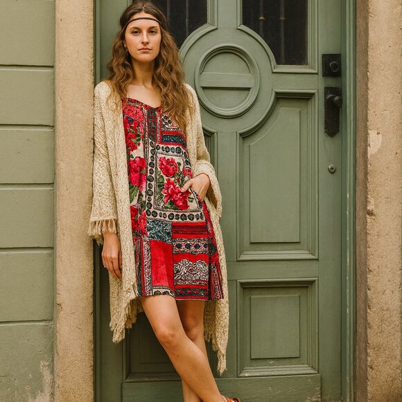 Anthro Vanessa Virginia Persian Rose Patchwork Red Boho Cottagecore Dress XS - Picture 1 of 14